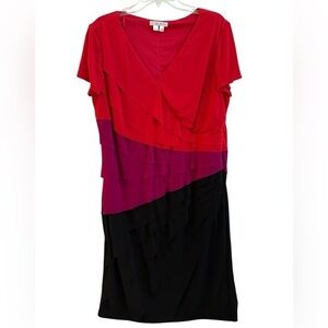 London Times Woman 14W Colorblock Ruffle Tiered Dress Red Pink Black Knee Length